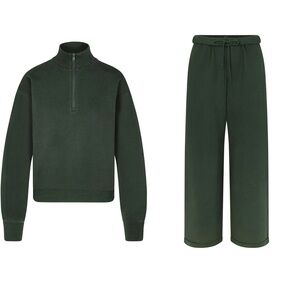 BNWT Skims Cotton Fleece Classic Half Zip Pullover and Pants Set Spruce XXS